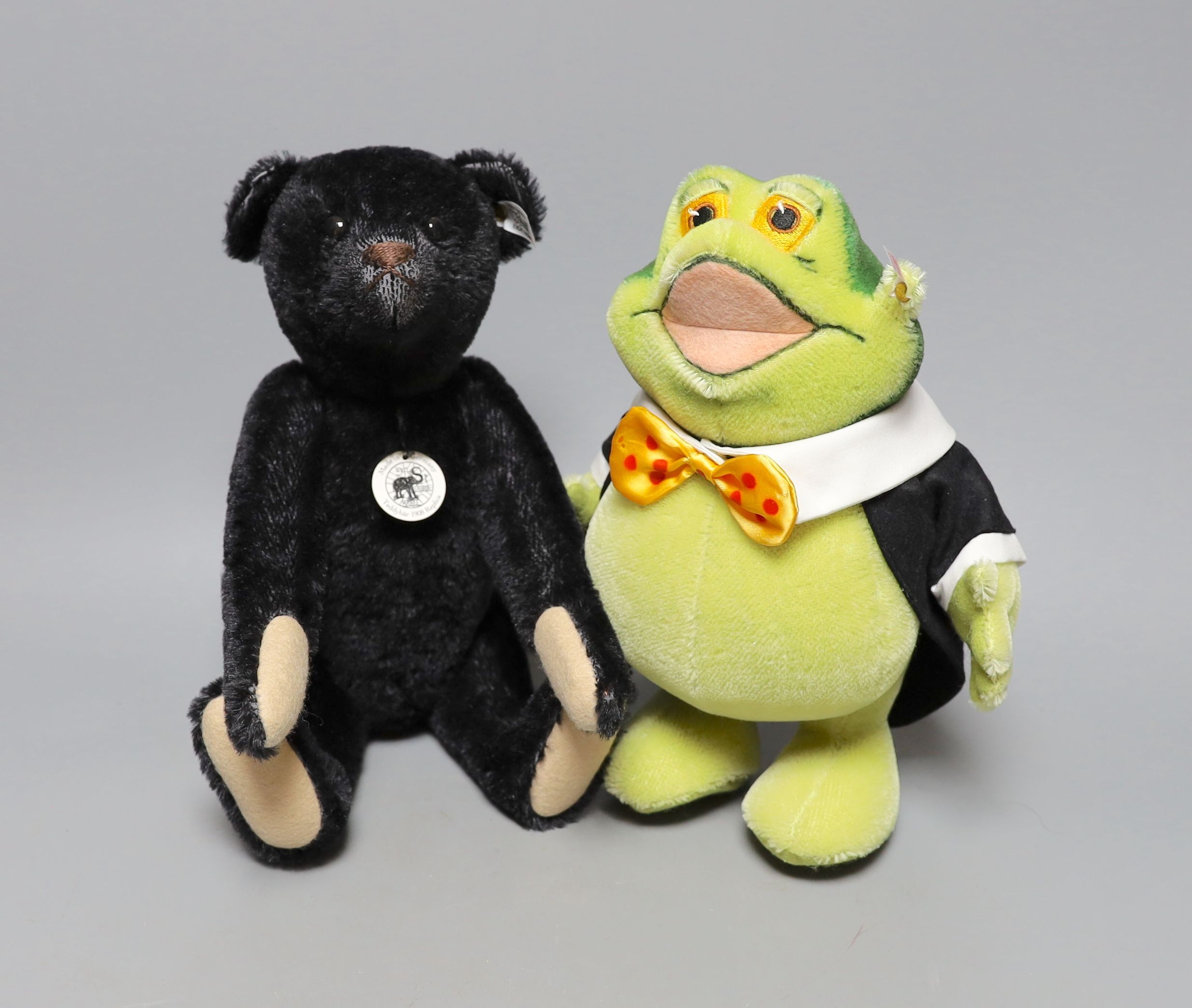 Steiff Black Bear 1908 with box and certificate also Steiff 'Toad of Toad Hall' Danbury Mint, 29 cms high.